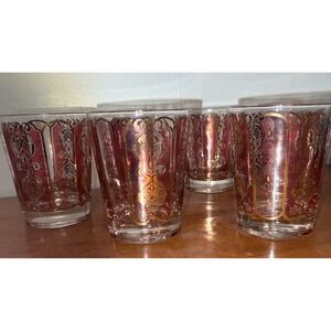 set of 6 MCM Culver Cranberry red And Gold Regency style Low ball glasses